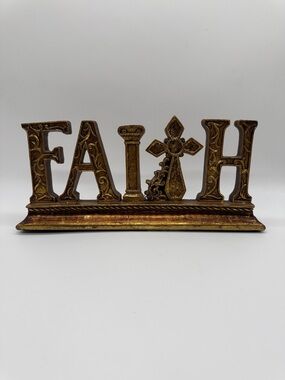 Resin figurine Sign FAITH In Ornate Letters Religious Cross Stand vintage